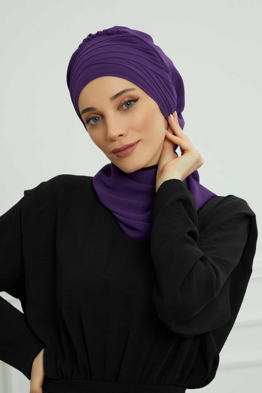 Çapraz Dikim Fularlı Tasarım Şifon Hazır Türban,HT-48 Mor - 1