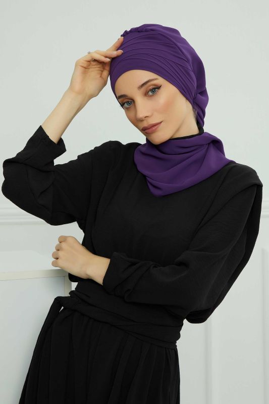 Çapraz Dikim Fularlı Tasarım Şifon Hazır Türban,HT-48 Mor - 2