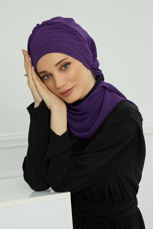 Çapraz Dikim Fularlı Tasarım Şifon Hazır Türban,HT-48 Mor - 3