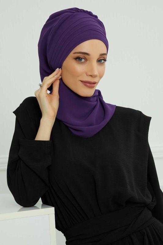 Çapraz Dikim Fularlı Tasarım Şifon Hazır Türban,HT-48 Mor - 4