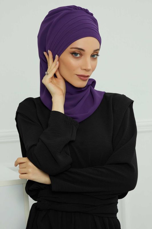 Çapraz Dikim Fularlı Tasarım Şifon Hazır Türban,HT-48 Mor - 6