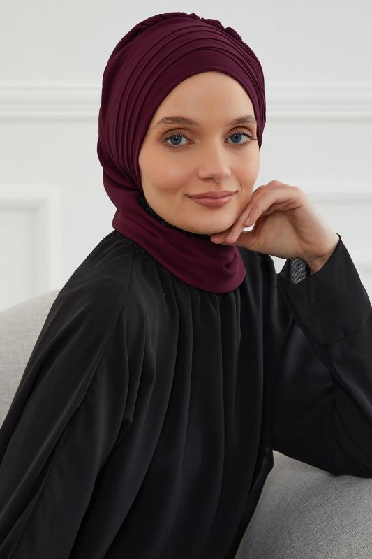 Çapraz Dikim Fularlı Tasarım Şifon Hazır Türban,HT-48 Mürdüm - 1