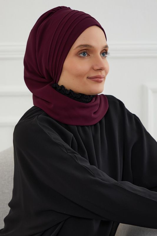 Çapraz Dikim Fularlı Tasarım Şifon Hazır Türban,HT-48 Mürdüm - 2