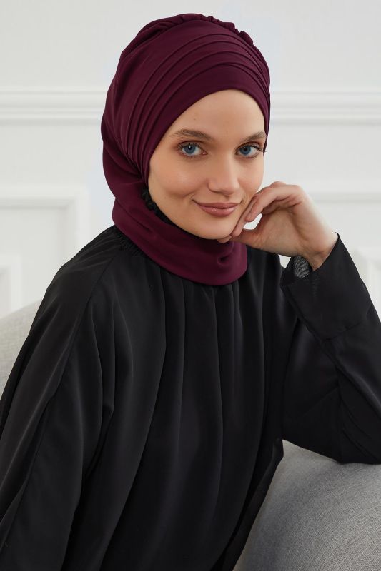Çapraz Dikim Fularlı Tasarım Şifon Hazır Türban,HT-48 Mürdüm - 3