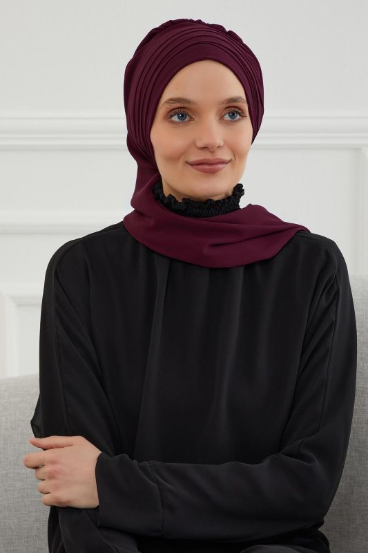 Çapraz Dikim Fularlı Tasarım Şifon Hazır Türban,HT-48 Mürdüm - 4