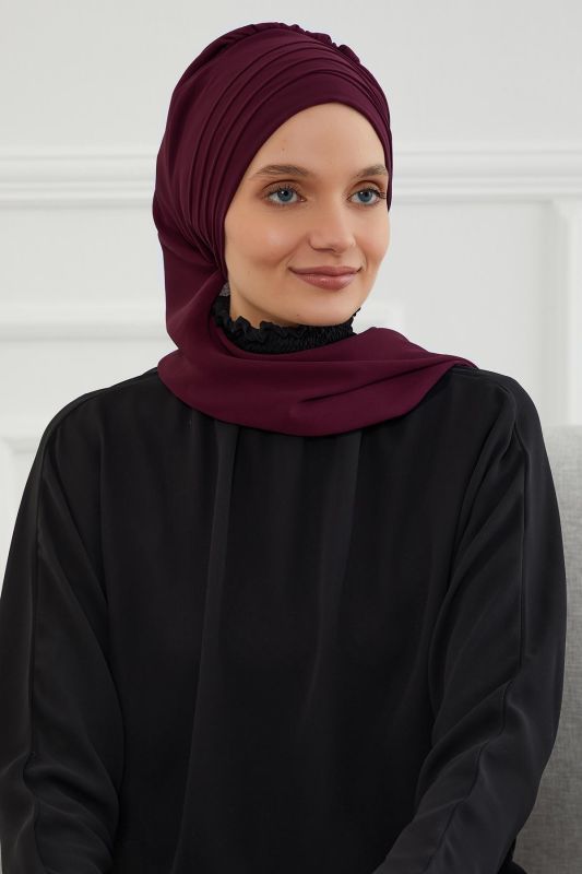 Çapraz Dikim Fularlı Tasarım Şifon Hazır Türban,HT-48 Mürdüm - 5