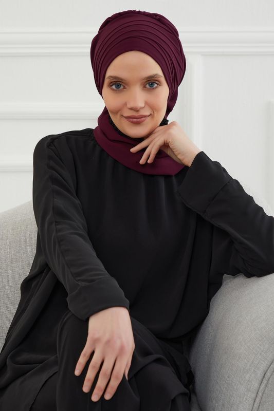 Çapraz Dikim Fularlı Tasarım Şifon Hazır Türban,HT-48 Mürdüm - 7