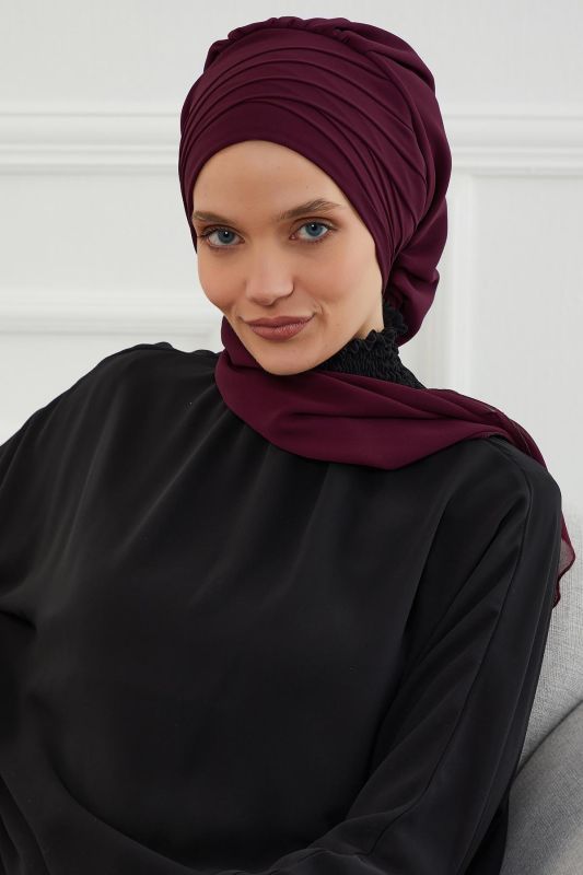 Çapraz Dikim Fularlı Tasarım Şifon Hazır Türban,HT-48 Mürdüm - 8