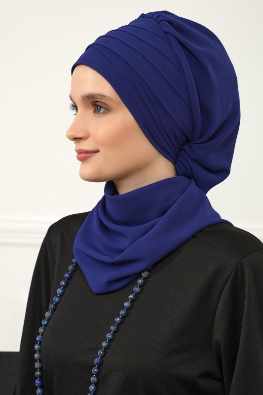 Çapraz Dikim Fularlı Tasarım Şifon Hazır Türban,HT-48 Saks Mavisi - 4