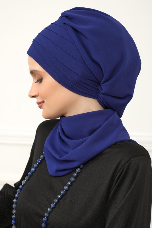 Çapraz Dikim Fularlı Tasarım Şifon Hazır Türban,HT-48 Saks Mavisi - 8