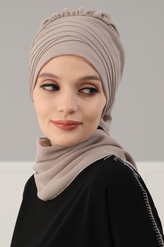 Çapraz Dikim Fularlı Tasarım Şifon Hazır Türban,HT-48 Vizon - 1