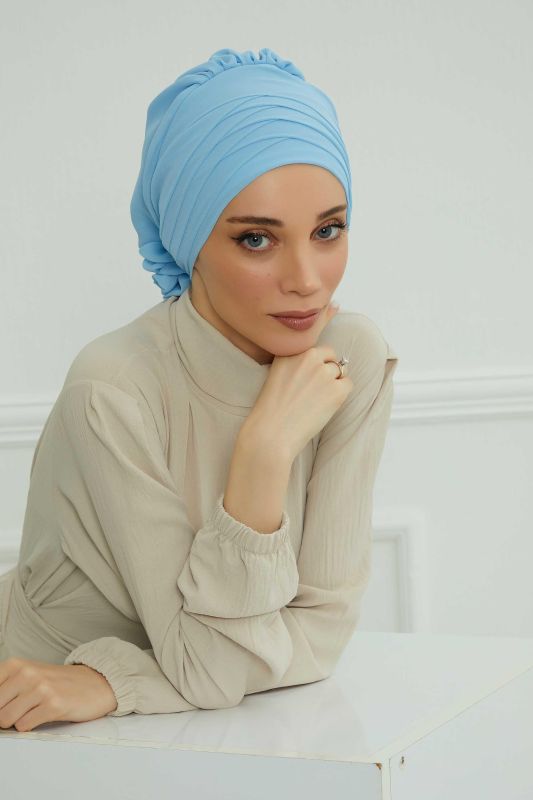 Çapraz Dikim Tasarım Şifon Hazır Türban,HT-30 Bebe Mavisi - 2