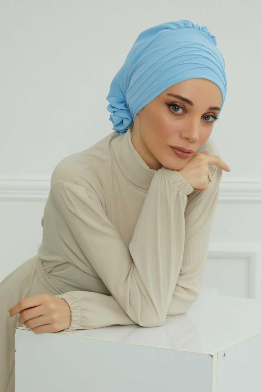 Çapraz Dikim Tasarım Şifon Hazır Türban,HT-30 Bebe Mavisi - 3