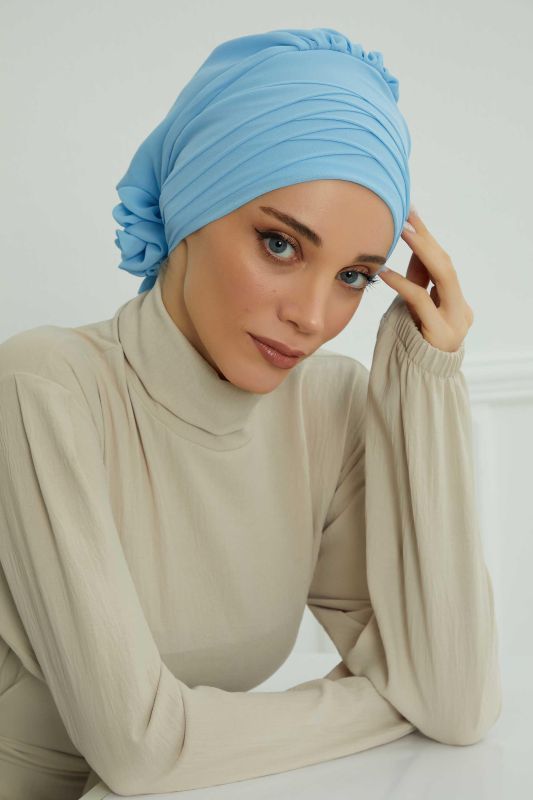 Çapraz Dikim Tasarım Şifon Hazır Türban,HT-30 Bebe Mavisi - 5