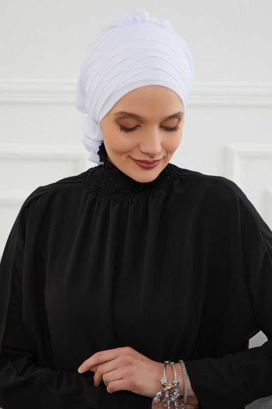 Çapraz Dikim Tasarım Şifon Hazır Türban,HT-30 Beyaz - 2