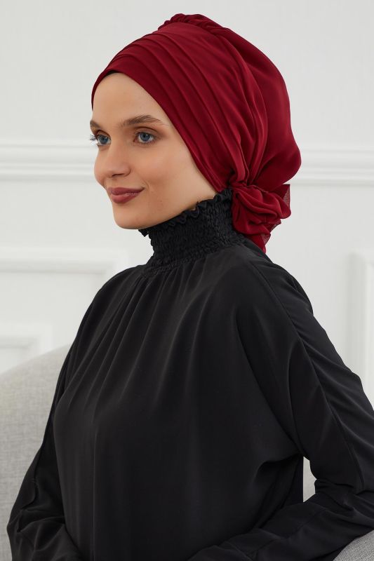 Çapraz Dikim Tasarım Şifon Hazır Türban,HT-30 Bordo - 3