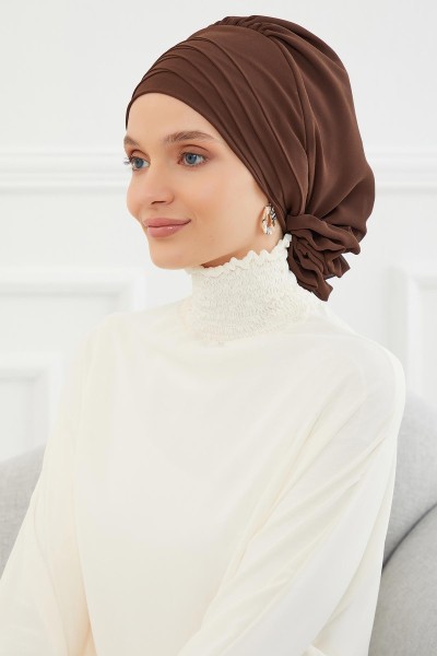 وشاح جاهز من الشيفون بتصميم غرز متقاطعة، HT-30 بني - Thumbnail