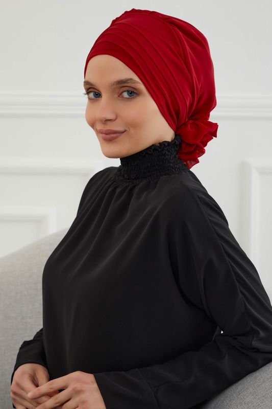Çapraz Dikim Tasarım Şifon Hazır Türban,HT-30 Kırmızı - 1