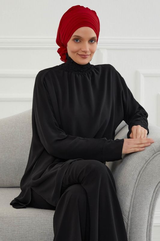 Çapraz Dikim Tasarım Şifon Hazır Türban,HT-30 Kırmızı - 4