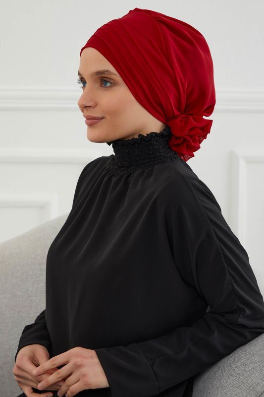 Çapraz Dikim Tasarım Şifon Hazır Türban,HT-30 Kırmızı - 6
