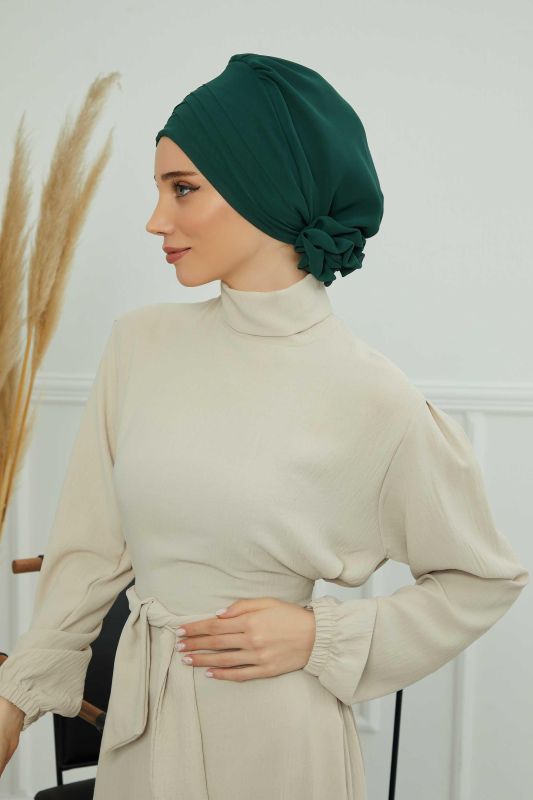 Çapraz Dikim Tasarım Şifon Hazır Türban,HT-30 Koyu Yeşil - 2