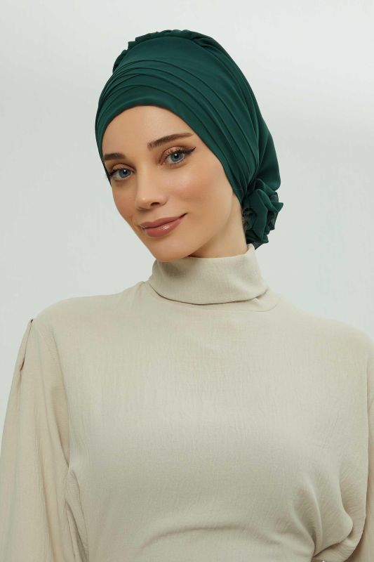 Çapraz Dikim Tasarım Şifon Hazır Türban,HT-30 Koyu Yeşil - 4