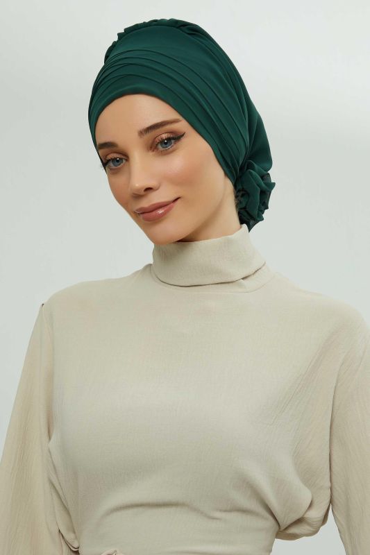 Çapraz Dikim Tasarım Şifon Hazır Türban,HT-30 Koyu Yeşil - 7