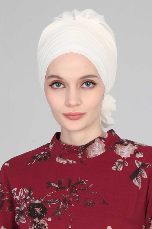 Çapraz Dikim Tasarım Şifon Hazır Türban,HT-30 Krem - 1
