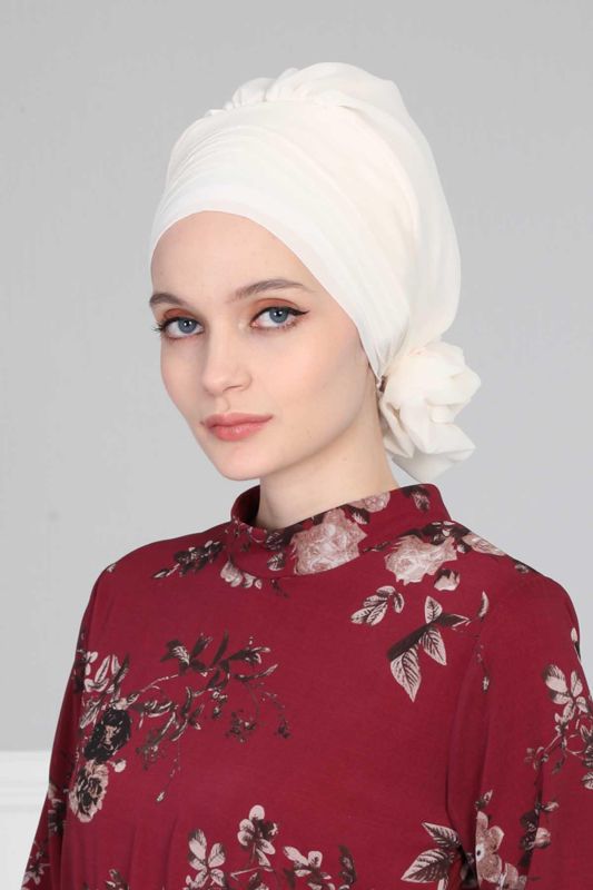 Çapraz Dikim Tasarım Şifon Hazır Türban,HT-30 Krem - 2