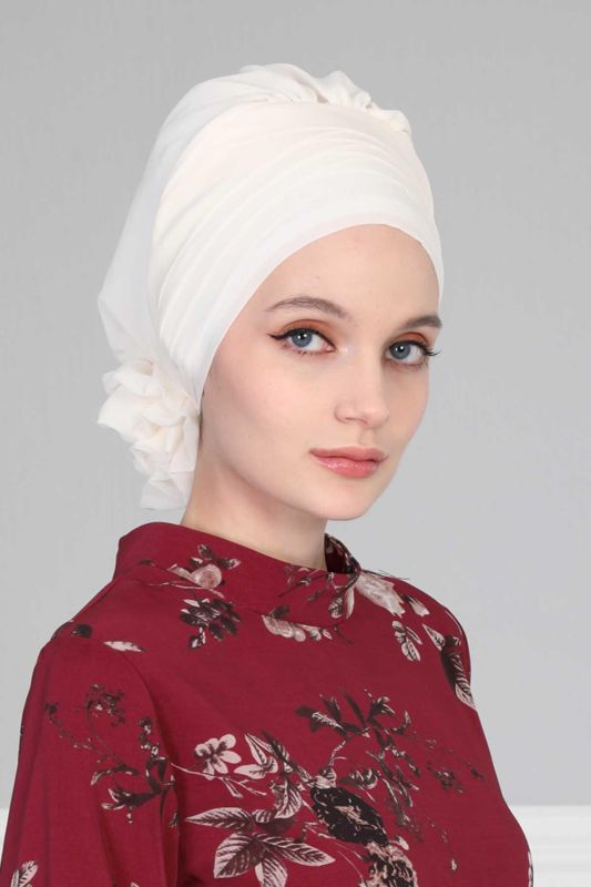 Çapraz Dikim Tasarım Şifon Hazır Türban,HT-30 Krem - 3