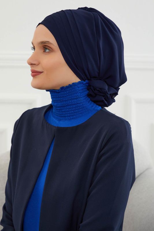 Çapraz Dikim Tasarım Şifon Hazır Türban,HT-30 Lacivert - 3