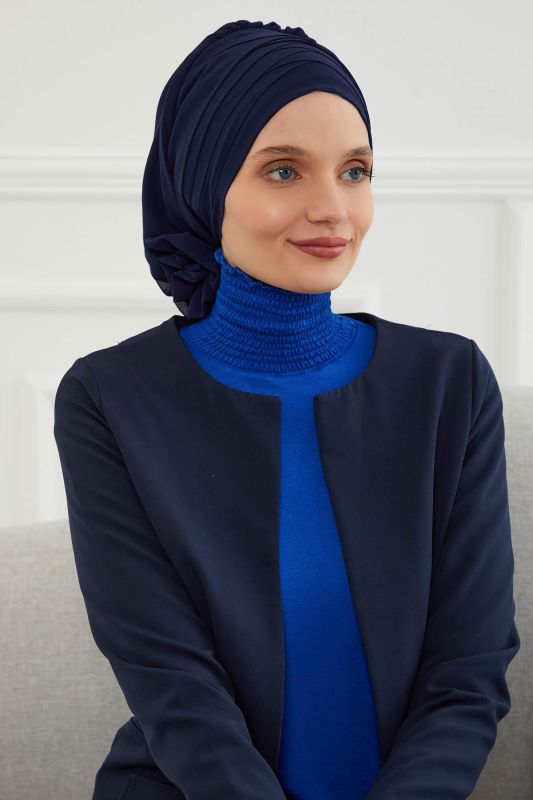 Çapraz Dikim Tasarım Şifon Hazır Türban,HT-30 Lacivert - 4