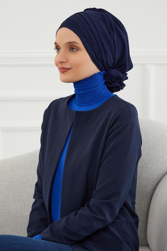 Çapraz Dikim Tasarım Şifon Hazır Türban,HT-30 Lacivert - 6