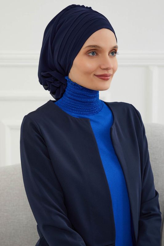 Çapraz Dikim Tasarım Şifon Hazır Türban,HT-30 Lacivert - 7
