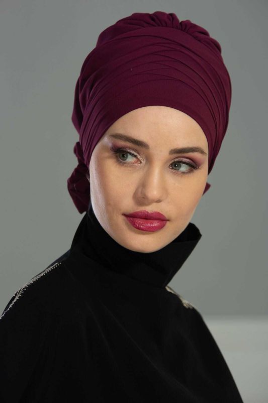 Çapraz Dikim Tasarım Şifon Hazır Türban,HT-30 Mürdüm - 1