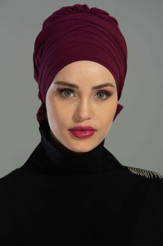 Çapraz Dikim Tasarım Şifon Hazır Türban,HT-30 Mürdüm - 2