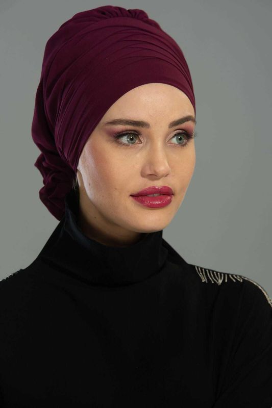 Çapraz Dikim Tasarım Şifon Hazır Türban,HT-30 Mürdüm - 3