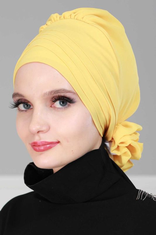 Çapraz Dikim Tasarım Şifon Hazır Türban,HT-30 Sarı - 3
