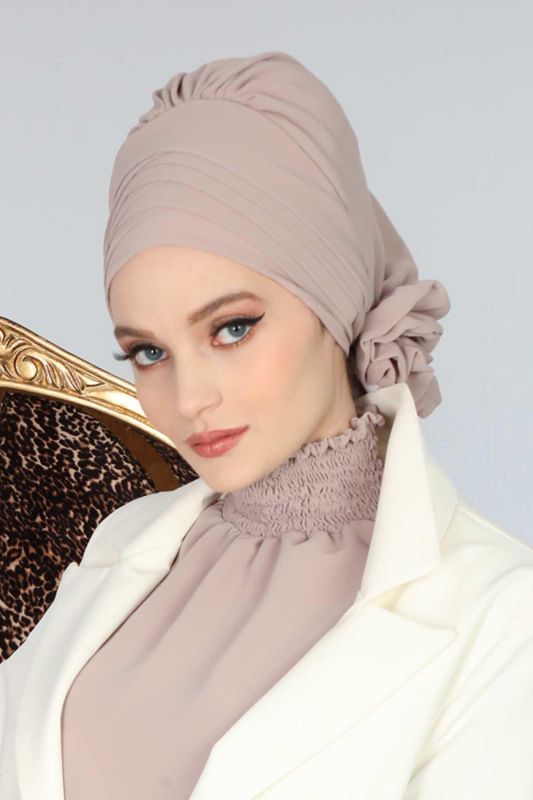 Çapraz Dikim Tasarım Şifon Hazır Türban,HT-30 Vizon - 2