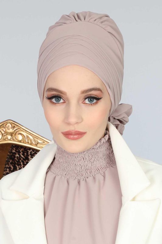 Çapraz Dikim Tasarım Şifon Hazır Türban,HT-30 Vizon - 3