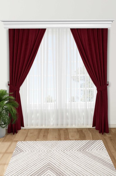 Moda Çizgi - Çiçek Aksesuarlı Fon Perde Çift Kenar,PR-3 Bordo