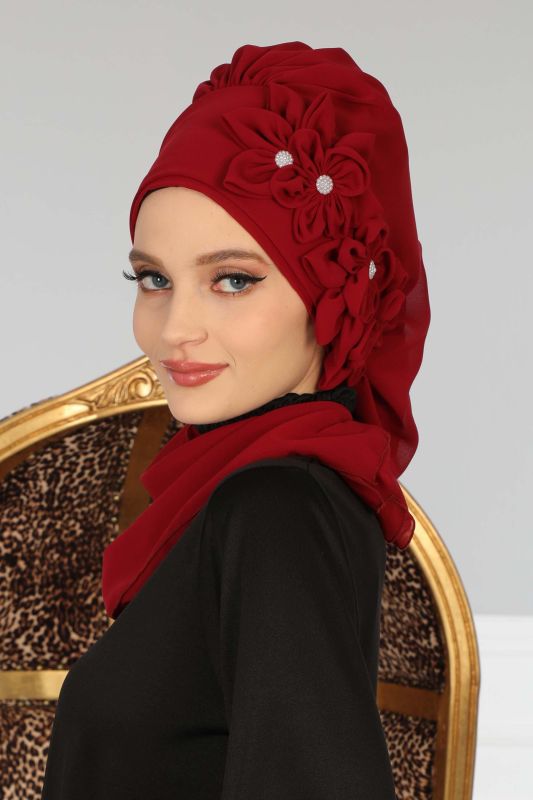 Çiçek Aksesuarlı Tasarım Hazır Şifon Türban,HT-27 Bordo - 2