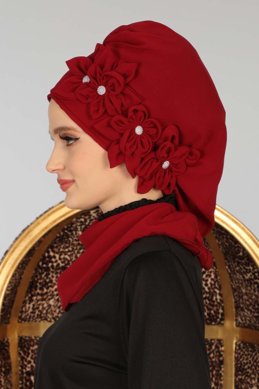 Çiçek Aksesuarlı Tasarım Hazır Şifon Türban,HT-27 Bordo - 3