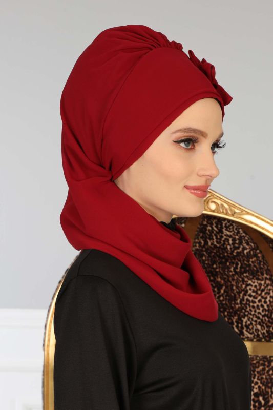 Çiçek Aksesuarlı Tasarım Hazır Şifon Türban,HT-27 Bordo - 4