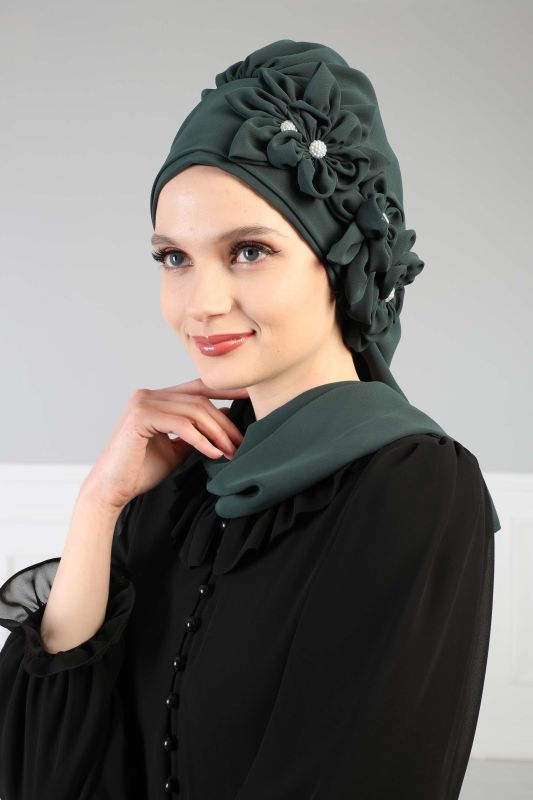 Çiçek Aksesuarlı Tasarım Hazır Şifon Türban,HT-27 Koyu Yeşil - 1