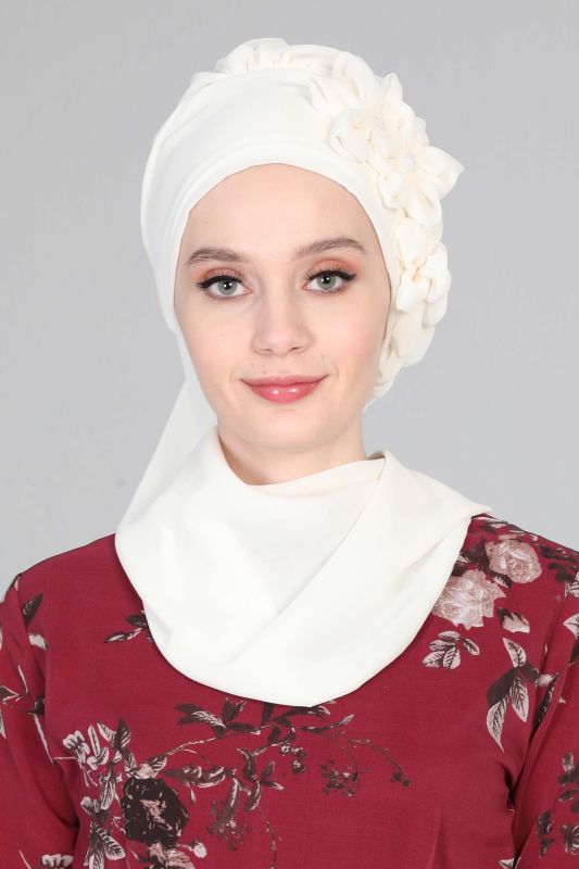 Çiçek Aksesuarlı Tasarım Hazır Şifon Türban,HT-27 Krem - 2