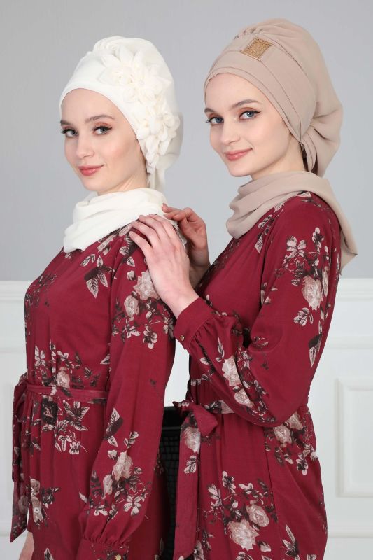 Çiçek Aksesuarlı Tasarım Hazır Şifon Türban,HT-27 Krem - 6