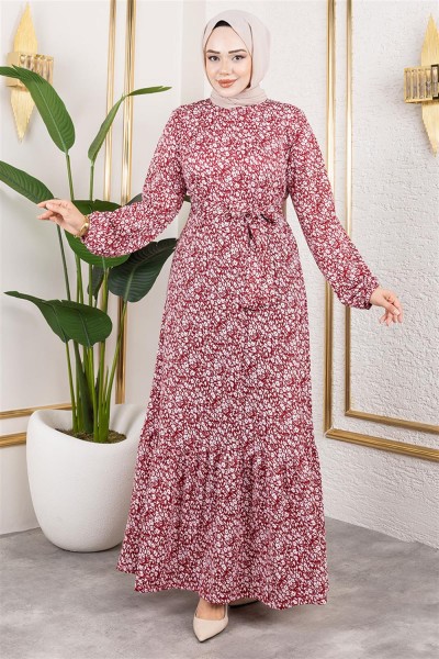 Çiçek Desenli Tesettür Elbise BORDO - Thumbnail
