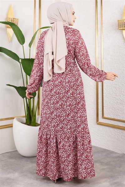 Çiçek Desenli Tesettür Elbise BORDO - Thumbnail