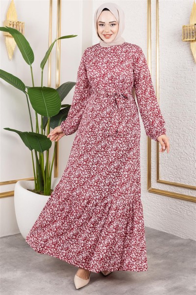 MYS - Çiçek Desenli Tesettür Elbise BORDO